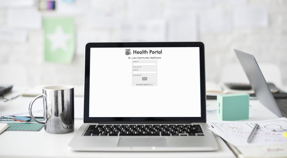 Computer screen on desk with myHealth Portal login